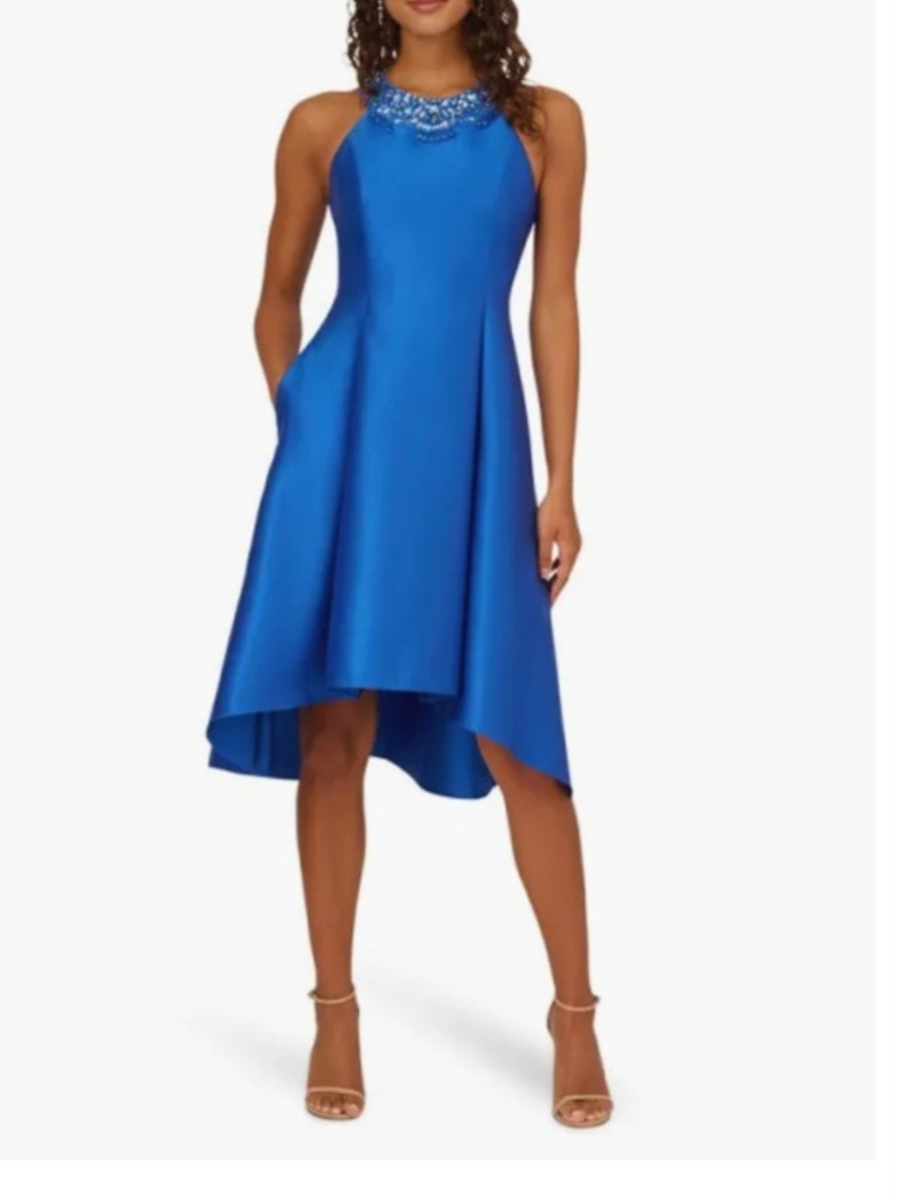 Adrianna Papell Beaded Neck Mikado Halter High-Low Dress Ultra Cobalt Blue 10